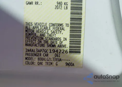 2016 Nissan Altima 2.5/2.5 S/2.5 Sl/2.5 Sr/2.5 Sv z USA, uszkodzony, nr VIN 1N4AL3AP7GC194226